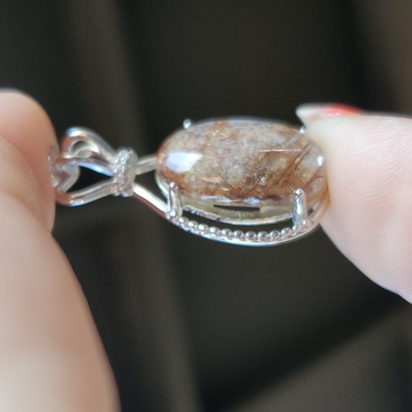 New Silver Wrapped Gold Rutilated Quartz Oval Rhinestone Crown Pendant. - Picture 9 of 12